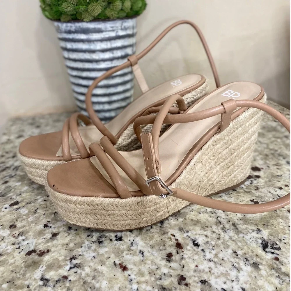 BP Chan-PU Tan Faux Leather Espadrille‎ Platform Wedge Sandals Size 8.5M
